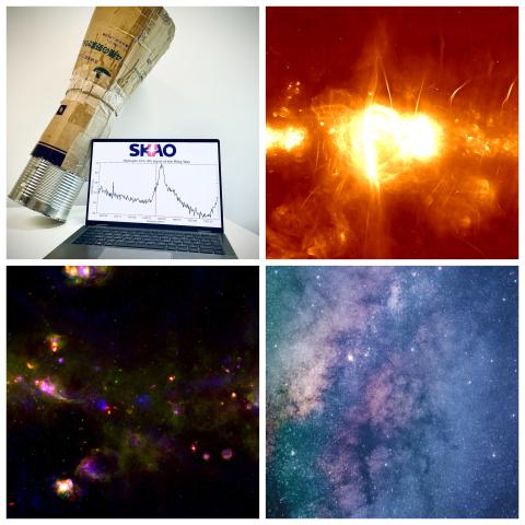 A picture of the SKAO table-top radio telescope and neutral hydrogen observation, next to radio images of galaxies