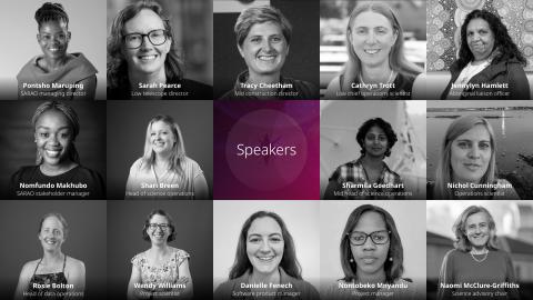 The image is a collage of black and white photos of the 14 speakers of the SKAO day and their professions. All are women and are smiling at the camera.