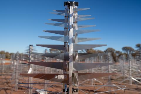 A picture of a close-up of an SKA-Low antenna. The antenna consists of several iron arms, on one of them the company name reads: Sirio, made in Italy. The background contains several other antennas that look like iron Christmas trees. 