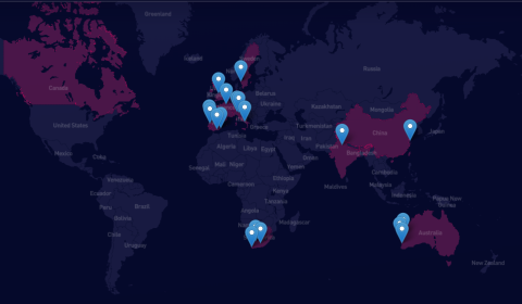 A map of the Earth with pins highlighting the location of case studies on the impact of the SKAO.