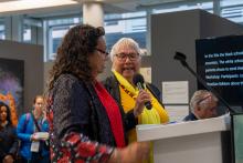 Wajarri Artist Susan Merry and Wajarri Aboriginal Liaison Officer Jennylyn Hamlett speaking at the Cosmic Echoes art exhibition launch in Cape Town.