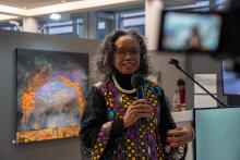 Exhibition curator, Sylvia Vollenhoven at Cosmic Echoes launch event in Cape Town 